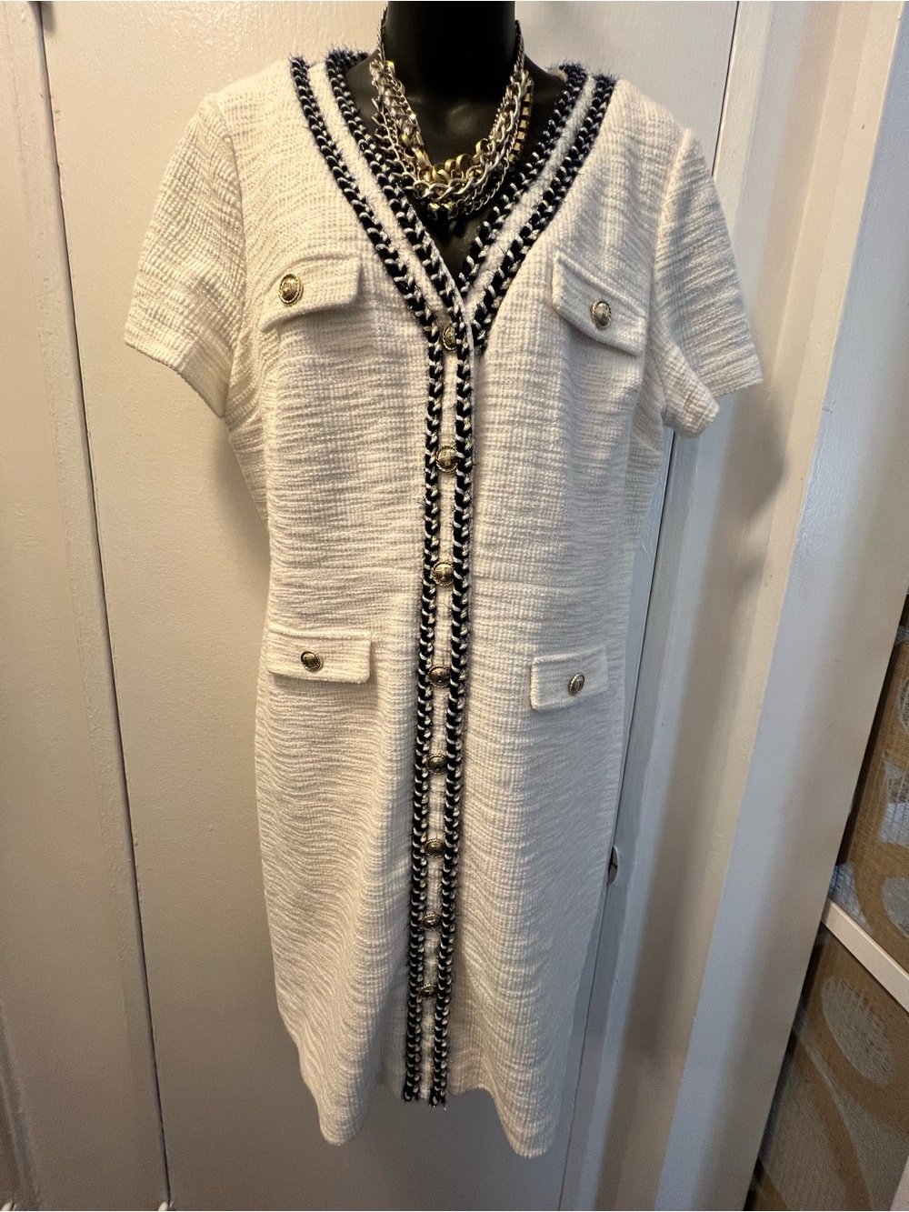 Karl Lagerfeld Paris Boucle Sheath Dress White w/Navy Trim/Gold Buttons Size 16